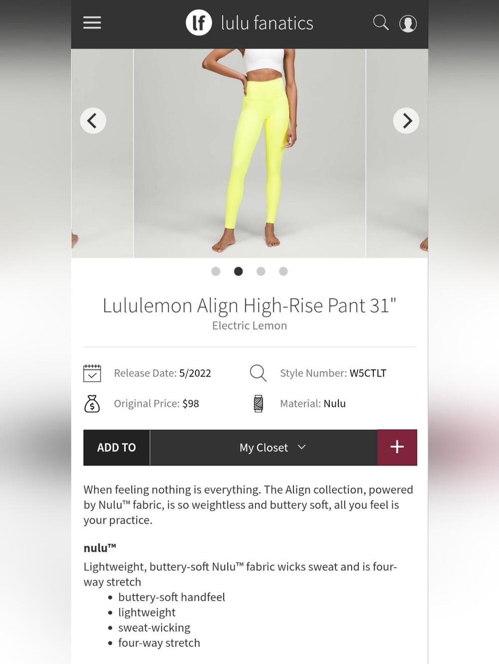 Lululemon Electric Lemon Align 8" Inseam Shorts *originally pants per dotcode 8 - Picture 6 of 8